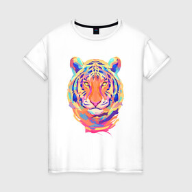 Женская футболка хлопок с принтом Color Tiger в Новосибирске, 100% хлопок | прямой крой, круглый вырез горловины, длина до линии бедер, слегка спущенное плечо | 2022 | animal | cat | lion | tiger | год тигра | животные | зверь | зубы | кот | кошка | лев | охотник | полосатый | природа | тигр | тигренок | тигрица | хищник