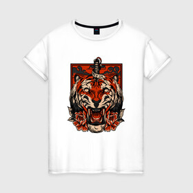 Женская футболка хлопок с принтом Red Tiger в Новосибирске, 100% хлопок | прямой крой, круглый вырез горловины, длина до линии бедер, слегка спущенное плечо | 2022 | animal | cat | lion | tiger | год тигра | животные | зверь | зубы | кот | кошка | лев | охотник | полосатый | природа | тигр | тигренок | тигрица | хищник