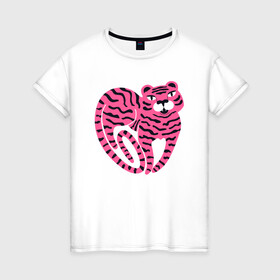 Женская футболка хлопок с принтом Pink Tiger в Новосибирске, 100% хлопок | прямой крой, круглый вырез горловины, длина до линии бедер, слегка спущенное плечо | 2022 | animal | cat | lion | tiger | год тигра | животные | зверь | зубы | кот | кошка | лев | охотник | полосатый | природа | тигр | тигренок | тигрица | хищник