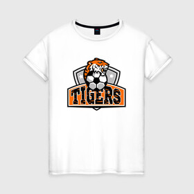 Женская футболка хлопок с принтом Football Tigers в Новосибирске, 100% хлопок | прямой крой, круглый вырез горловины, длина до линии бедер, слегка спущенное плечо | 2022 | animal | cat | football | lion | sport | tiger | год тигра | животные | зверь | зубы | кот | кошка | лев | охотник | полосатый | природа | спорт | тигр | тигренок | тигрица | футбол | хищник