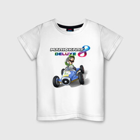 Детская футболка хлопок с принтом Луиджи крутой гонщик в Новосибирске, 100% хлопок | круглый вырез горловины, полуприлегающий силуэт, длина до линии бедер | car | luigi | nintendo | racer | racing | video game | автомобиль | видеоигра | гонка | гонщик | луиджи