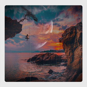 Магнитный плакат 3Х3 с принтом закат на качелях в Новосибирске, Полимерный материал с магнитным слоем | 9 деталей размером 9*9 см | берег | закат | звезды | море | планета