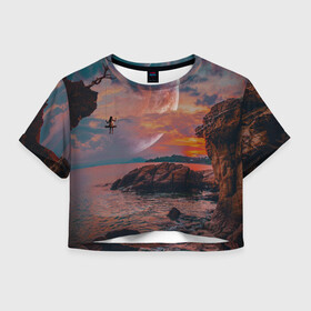 Женская футболка Crop-top 3D с принтом закат на качелях в Новосибирске, 100% полиэстер | круглая горловина, длина футболки до линии талии, рукава с отворотами | берег | закат | звезды | море | планета