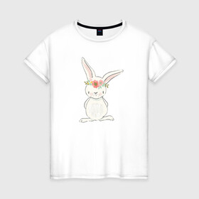 Женская футболка хлопок с принтом милый кролик в Новосибирске, 100% хлопок | прямой крой, круглый вырез горловины, длина до линии бедер, слегка спущенное плечо | заяц | кролик. венок | лапы | мода | мультик | персонаж | уши | хвост
