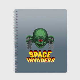 Тетрадь с принтом Space Invaders | Old game (Z) в Новосибирске, 100% бумага | 48 листов, плотность листов — 60 г/м2, плотность картонной обложки — 250 г/м2. Листы скреплены сбоку удобной пружинной спиралью. Уголки страниц и обложки скругленные. Цвет линий — светло-серый
 | Тематика изображения на принте: dendy | invaders | nintendo | shootem up | space invaders | денди | захватчики | космические захватчики | су имбэ | чужаки