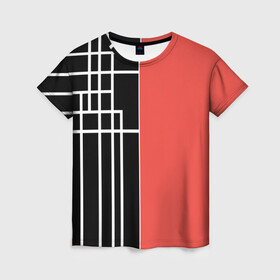 Женская футболка 3D с принтом Черный и коралловый арт деко в Новосибирске, 100% полиэфир ( синтетическое хлопкоподобное полотно) | прямой крой, круглый вырез горловины, длина до линии бедер | абстрактный | арт | арт деко | белые полосы | геометрический | модный | молодежный | полосы | современный | черный и коралловый