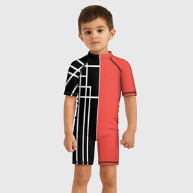 Детский купальный костюм 3D с принтом Черный и коралловый арт деко в Новосибирске, Полиэстер 85%, Спандекс 15% | застежка на молнии на спине | Тематика изображения на принте: абстрактный | арт | арт деко | белые полосы | геометрический | модный | молодежный | полосы | современный | черный и коралловый