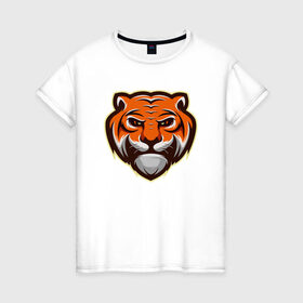 Женская футболка хлопок с принтом Мудрый Тигр в Новосибирске, 100% хлопок | прямой крой, круглый вырез горловины, длина до линии бедер, слегка спущенное плечо | 2022 | animal | cat | lion | tiger | год тигра | животные | зверь | зубы | кот | кошка | лев | охотник | полосатый | природа | тигр | тигренок | тигрица | хищник