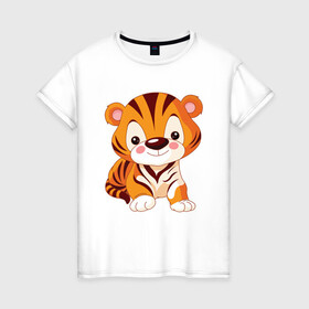 Женская футболка хлопок с принтом Little Tiger в Новосибирске, 100% хлопок | прямой крой, круглый вырез горловины, длина до линии бедер, слегка спущенное плечо | 2022 | animal | cat | lion | tiger | год тигра | животные | зверь | зубы | кот | кошка | лев | охотник | полосатый | природа | тигр | тигренок | тигрица | хищник