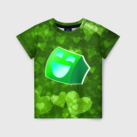 Детская футболка 3D с принтом Geometry Dash | Green Love (Z) в Новосибирске, 100% гипоаллергенный полиэфир | прямой крой, круглый вырез горловины, длина до линии бедер, чуть спущенное плечо, ткань немного тянется | 2d | arcade | game | geometry dash | meltdown | robtop | аркада | геометри даш | геометрическая черточка | геометрический тире | раннер
