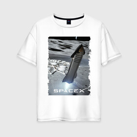 Женская футболка хлопок Oversize с принтом Старт ракеты Space X в Новосибирске, 100% хлопок | свободный крой, круглый ворот, спущенный рукав, длина до линии бедер
 | cosmodrome | elon musk | fire | rocket | space x | start | илон маск | космодром | огонь | ракета | старт