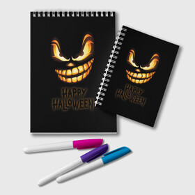 Блокнот с принтом Happy Halloween в Новосибирске, 100% бумага | 48 листов, плотность листов — 60 г/м2, плотность картонной обложки — 250 г/м2. Листы скреплены удобной пружинной спиралью. Цвет линий — светло-серый
 | Тематика изображения на принте: halloween | holiday | pumpkin | samayn | vampire | zombie | вампир | ведьма | вечеринка | день всех святых | зомби | карнавал | маскарад | мертвец | оборотень | привидение | самайн | светильник джека | страшный джек | труп