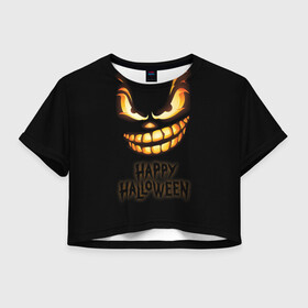 Женская футболка Crop-top 3D с принтом Happy Halloween в Новосибирске, 100% полиэстер | круглая горловина, длина футболки до линии талии, рукава с отворотами | halloween | holiday | pumpkin | samayn | vampire | zombie | вампир | ведьма | вечеринка | день всех святых | зомби | карнавал | маскарад | мертвец | оборотень | привидение | самайн | светильник джека | страшный джек | труп