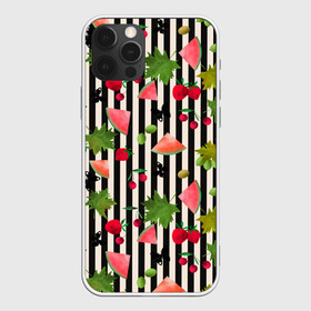 Чехол для iPhone 12 Pro Max с принтом Ягодно-арбузный микс  в Новосибирске, Силикон |  | акварель | арбузы | бабочки | вишня | клубника | полосатый | фрукты | черно белые полосы | черные полосы | ягоды