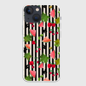 Чехол для iPhone 13 mini с принтом Ягодно арбузный микс в Новосибирске,  |  | акварель | арбузы | бабочки | вишня | клубника | полосатый | фрукты | черно белые полосы | черные полосы | ягоды