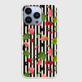Чехол для iPhone 13 Pro с принтом Ягодно арбузный микс в Новосибирске,  |  | акварель | арбузы | бабочки | вишня | клубника | полосатый | фрукты | черно белые полосы | черные полосы | ягоды