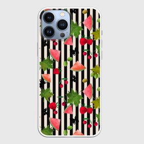 Чехол для iPhone 13 Pro Max с принтом Ягодно арбузный микс в Новосибирске,  |  | акварель | арбузы | бабочки | вишня | клубника | полосатый | фрукты | черно белые полосы | черные полосы | ягоды