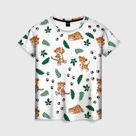 Женская футболка 3D с принтом Милый тигр в Новосибирске, 100% полиэфир ( синтетическое хлопкоподобное полотно) | прямой крой, круглый вырез горловины, длина до линии бедер | 2022 | год тигра | листья | милый тигр | новый год | паттерн | принт | саванна | следы | тигренок | фон | хищник
