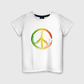 Детская футболка хлопок с принтом Радужный мир | Peace (Z) в Новосибирске, 100% хлопок | круглый вырез горловины, полуприлегающий силуэт, длина до линии бедер | Тематика изображения на принте: bloom | blossom | floret | flowers | hippies | peace | знак | любовь | мир | радуга | радужный | радужный мир | символ | хиппи | цветы