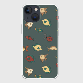 Чехол для iPhone 13 mini с принтом Морские рыбки на зеленом фоне в Новосибирске,  |  | fish | summer | tdsmr | весна | зеленый | лето | море | праздник | принт | природа | рыбы