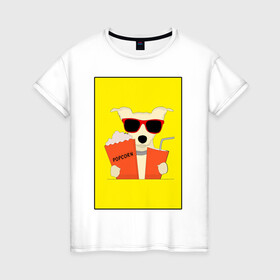 Женская футболка хлопок с принтом Пес кинофил в Новосибирске, 100% хлопок | прямой крой, круглый вырез горловины, длина до линии бедер, слегка спущенное плечо | кино | киноман | киносеанс | кинотеатр | кинофил | пес | собака