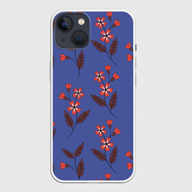 Чехол для iPhone 13 с принтом Цветы на синем фоне в Новосибирске,  |  | 8 марта | flowers | summer | ботаническая иллюстрация | весна | коричневый | красный | лето | листья | любовь | праздник | принт | природа | растения | синий | цветы