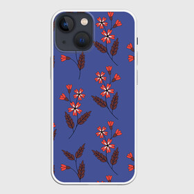 Чехол для iPhone 13 mini с принтом Цветы на синем фоне в Новосибирске,  |  | 8 марта | flowers | summer | ботаническая иллюстрация | весна | коричневый | красный | лето | листья | любовь | праздник | принт | природа | растения | синий | цветы