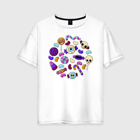 Женская футболка хлопок Oversize с принтом Конфетный набор в Новосибирске, 100% хлопок | свободный крой, круглый ворот, спущенный рукав, длина до линии бедер
 | Тематика изображения на принте: иллюстрация | карамель | конфеты | леденец | ужастик