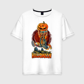 Женская футболка хлопок Oversize с принтом Кладбищенский парень в Новосибирске, 100% хлопок | свободный крой, круглый ворот, спущенный рукав, длина до линии бедер
 | иллюстрация | кладбище | мальчик | надгробие | тыква | череп
