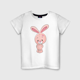 Детская футболка хлопок с принтом розовый зайка в Новосибирске, 100% хлопок | круглый вырез горловины, полуприлегающий силуэт, длина до линии бедер | заяц | кролик | лапы | мягкий | персонаж | розовый | уши | хвост