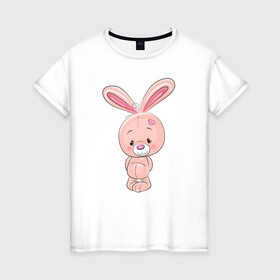 Женская футболка хлопок с принтом розовый зайка в Новосибирске, 100% хлопок | прямой крой, круглый вырез горловины, длина до линии бедер, слегка спущенное плечо | заяц | кролик | лапы | мягкий | персонаж | розовый | уши | хвост