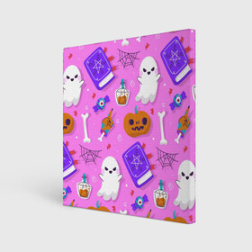 Холст квадратный с принтом Дневной Хэллоуин в Новосибирске, 100% ПВХ |  | background | иллюстрация | книга | конфеты | паутина | призрак | тыква