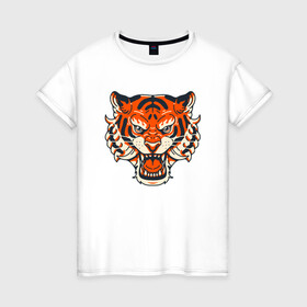 Женская футболка хлопок с принтом Super Tiger в Новосибирске, 100% хлопок | прямой крой, круглый вырез горловины, длина до линии бедер, слегка спущенное плечо | 2022 | animal | cat | lion | tiger | год тигра | животные | зверь | зубы | кот | кошка | лев | охотник | полосатый | природа | тигр | тигренок | тигрица | хищник