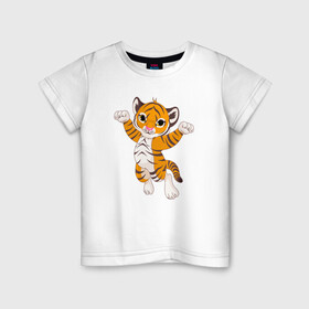 Детская футболка хлопок с принтом Милый тигренок в Новосибирске, 100% хлопок | круглый вырез горловины, полуприлегающий силуэт, длина до линии бедер | 2022 | animal | cat | lion | tiger | год тигра | животные | зверь | зубы | кот | кошка | лев | охотник | полосатый | природа | тигр | тигренок | тигрица | хищник