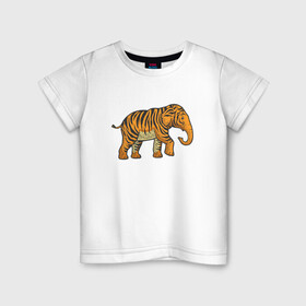 Детская футболка хлопок с принтом Тигровый слон в Новосибирске, 100% хлопок | круглый вырез горловины, полуприлегающий силуэт, длина до линии бедер | Тематика изображения на принте: 2022 | animal | cat | elephant | lion | tiger | африка | год тигра | животные | зверь | зубы | кот | кошка | лев | охотник | полосатый | природа | слон | слоненок | тигр | тигренок | тигрица | хищник