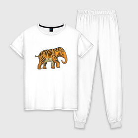 Женская пижама хлопок с принтом Тигровый слон в Новосибирске, 100% хлопок | брюки и футболка прямого кроя, без карманов, на брюках мягкая резинка на поясе и по низу штанин | Тематика изображения на принте: 2022 | animal | cat | elephant | lion | tiger | африка | год тигра | животные | зверь | зубы | кот | кошка | лев | охотник | полосатый | природа | слон | слоненок | тигр | тигренок | тигрица | хищник