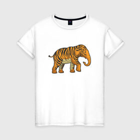 Женская футболка хлопок с принтом Тигровый слон в Новосибирске, 100% хлопок | прямой крой, круглый вырез горловины, длина до линии бедер, слегка спущенное плечо | 2022 | animal | cat | elephant | lion | tiger | африка | год тигра | животные | зверь | зубы | кот | кошка | лев | охотник | полосатый | природа | слон | слоненок | тигр | тигренок | тигрица | хищник