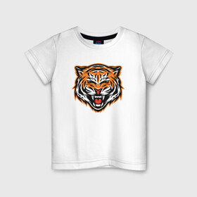 Детская футболка хлопок с принтом Грозный тигр в Новосибирске, 100% хлопок | круглый вырез горловины, полуприлегающий силуэт, длина до линии бедер | 2022 | animal | cat | lion | tiger | год тигра | животные | зверь | зубы | кот | кошка | лев | охотник | полосатый | природа | тигр | тигренок | тигрица | хищник