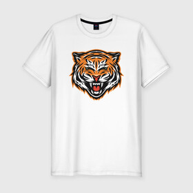 Мужская футболка хлопок Slim с принтом Грозный тигр в Новосибирске, 92% хлопок, 8% лайкра | приталенный силуэт, круглый вырез ворота, длина до линии бедра, короткий рукав | 2022 | animal | cat | lion | tiger | год тигра | животные | зверь | зубы | кот | кошка | лев | охотник | полосатый | природа | тигр | тигренок | тигрица | хищник
