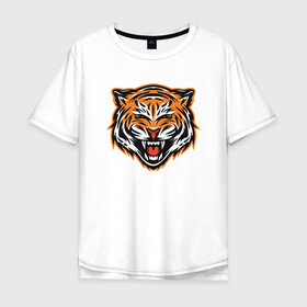 Мужская футболка хлопок Oversize с принтом Грозный тигр в Новосибирске, 100% хлопок | свободный крой, круглый ворот, “спинка” длиннее передней части | 2022 | animal | cat | lion | tiger | год тигра | животные | зверь | зубы | кот | кошка | лев | охотник | полосатый | природа | тигр | тигренок | тигрица | хищник