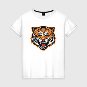 Женская футболка хлопок с принтом Грозный тигр в Новосибирске, 100% хлопок | прямой крой, круглый вырез горловины, длина до линии бедер, слегка спущенное плечо | 2022 | animal | cat | lion | tiger | год тигра | животные | зверь | зубы | кот | кошка | лев | охотник | полосатый | природа | тигр | тигренок | тигрица | хищник