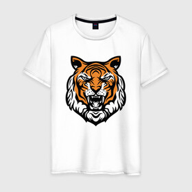 Мужская футболка хлопок с принтом Голова тигра в Новосибирске, 100% хлопок | прямой крой, круглый вырез горловины, длина до линии бедер, слегка спущенное плечо. | 2022 | animal | cat | lion | tiger | год тигра | животные | зверь | зубы | кот | кошка | лев | охотник | полосатый | природа | тигр | тигренок | тигрица | хищник