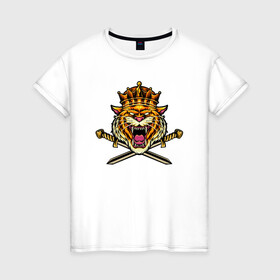 Женская футболка хлопок с принтом Tiger King в Новосибирске, 100% хлопок | прямой крой, круглый вырез горловины, длина до линии бедер, слегка спущенное плечо | 2022 | animal | cat | king | lion | tiger | год тигра | животные | зверь | зубы | король | кот | кошка | лев | охотник | полосатый | природа | тигр | тигренок | тигрица | хищник | царь