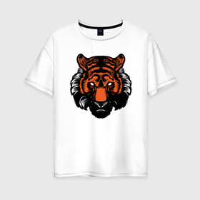 Женская футболка хлопок Oversize с принтом Bad Tiger в Новосибирске, 100% хлопок | свободный крой, круглый ворот, спущенный рукав, длина до линии бедер
 | Тематика изображения на принте: 2022 | animal | cat | lion | tiger | год тигра | животные | зверь | зубы | кот | кошка | лев | охотник | полосатый | природа | тигр | тигренок | тигрица | хищник
