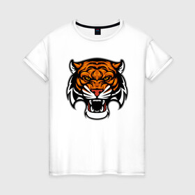Женская футболка хлопок с принтом Оскал в Новосибирске, 100% хлопок | прямой крой, круглый вырез горловины, длина до линии бедер, слегка спущенное плечо | 2022 | animal | cat | lion | tiger | год тигра | животные | зверь | зубы | кот | кошка | лев | охотник | полосатый | природа | тигр | тигренок | тигрица | хищник