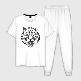 Мужская пижама хлопок с принтом White Tiger в Новосибирске, 100% хлопок | брюки и футболка прямого кроя, без карманов, на брюках мягкая резинка на поясе и по низу штанин
 | Тематика изображения на принте: 2022 | animal | cat | lion | tiger | год тигра | животные | зверь | зубы | кот | кошка | лев | охотник | полосатый | природа | тигр | тигренок | тигрица | хищник