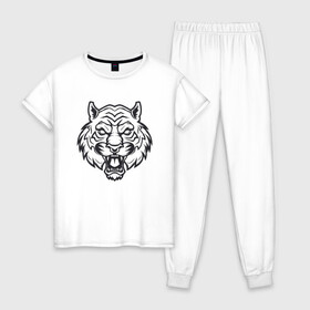 Женская пижама хлопок с принтом White Tiger в Новосибирске, 100% хлопок | брюки и футболка прямого кроя, без карманов, на брюках мягкая резинка на поясе и по низу штанин | 2022 | animal | cat | lion | tiger | год тигра | животные | зверь | зубы | кот | кошка | лев | охотник | полосатый | природа | тигр | тигренок | тигрица | хищник