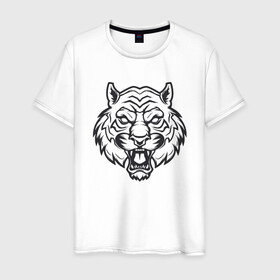Мужская футболка хлопок с принтом White Tiger в Новосибирске, 100% хлопок | прямой крой, круглый вырез горловины, длина до линии бедер, слегка спущенное плечо. | Тематика изображения на принте: 2022 | animal | cat | lion | tiger | год тигра | животные | зверь | зубы | кот | кошка | лев | охотник | полосатый | природа | тигр | тигренок | тигрица | хищник