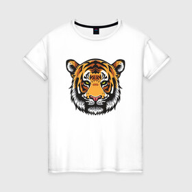Женская футболка хлопок с принтом Стиль Тигра в Новосибирске, 100% хлопок | прямой крой, круглый вырез горловины, длина до линии бедер, слегка спущенное плечо | 2022 | animal | cat | lion | tiger | год тигра | животные | зверь | зубы | кот | кошка | лев | охотник | полосатый | природа | тигр | тигренок | тигрица | хищник