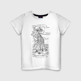 Детская футболка хлопок с принтом Тигр на фоне солнца в Новосибирске, 100% хлопок | круглый вырез горловины, полуприлегающий силуэт, длина до линии бедер | Тематика изображения на принте: clouds | jungle | lake | stone | sun | tattoo | tiger | джунгли | камень | облака | озеро | солнце | татуировка | тигр